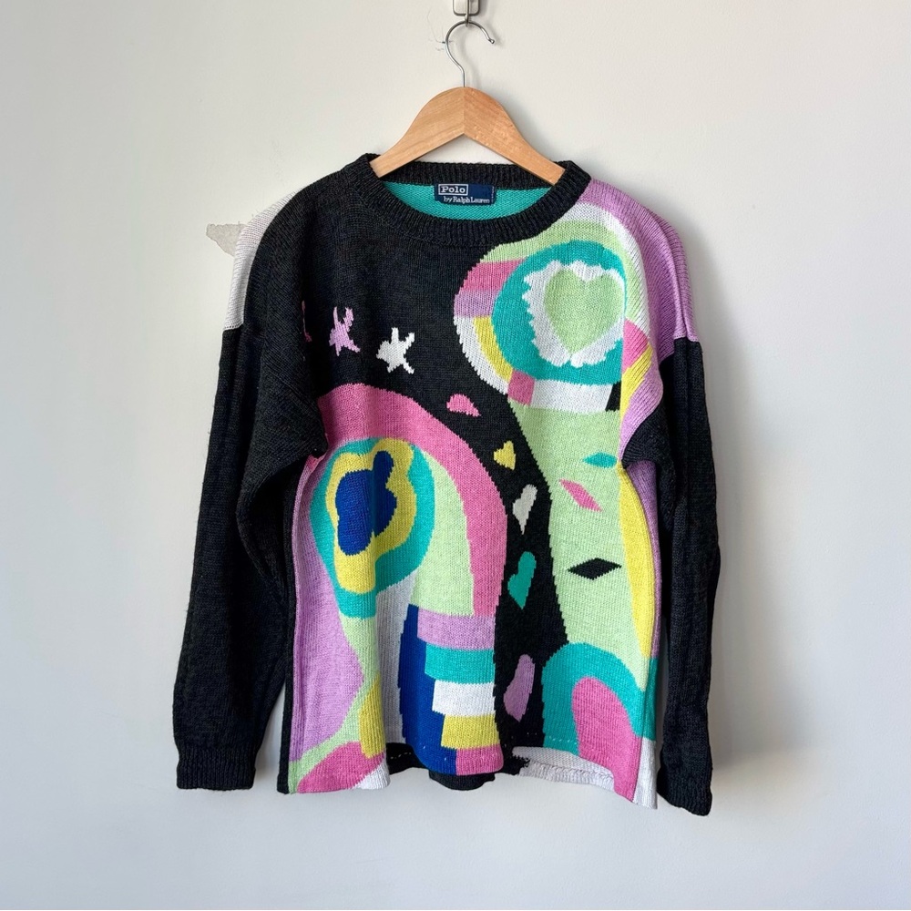 Vintage Polo Ralph Lauren Rare 90s Abstract Sweater Bold Colorful AOP Groovy